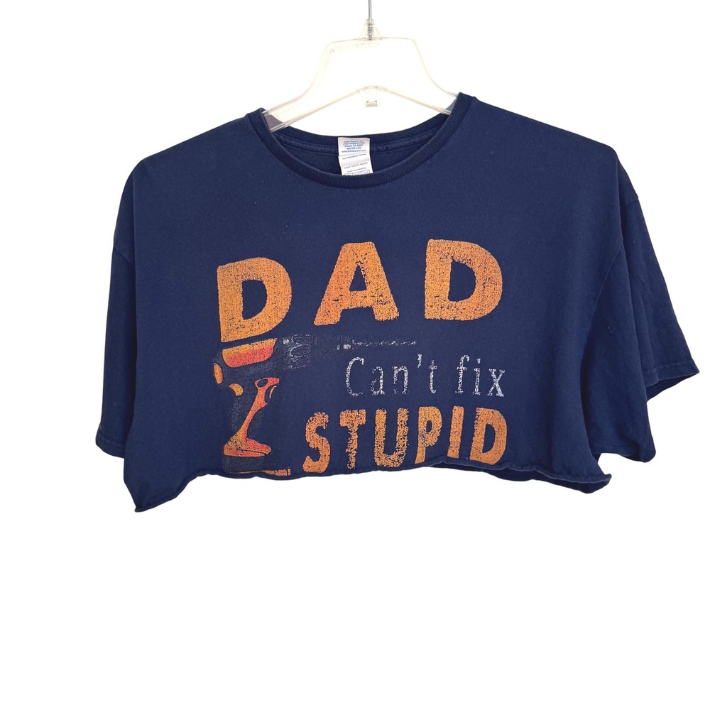 Funny Graphic Raw Hem Crop Top Navy Blue Cotton Delta Pro Weight XL Women
